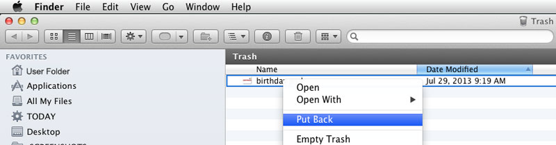 Screenshot: How to undelete Finder Files from Mac OSX Trash